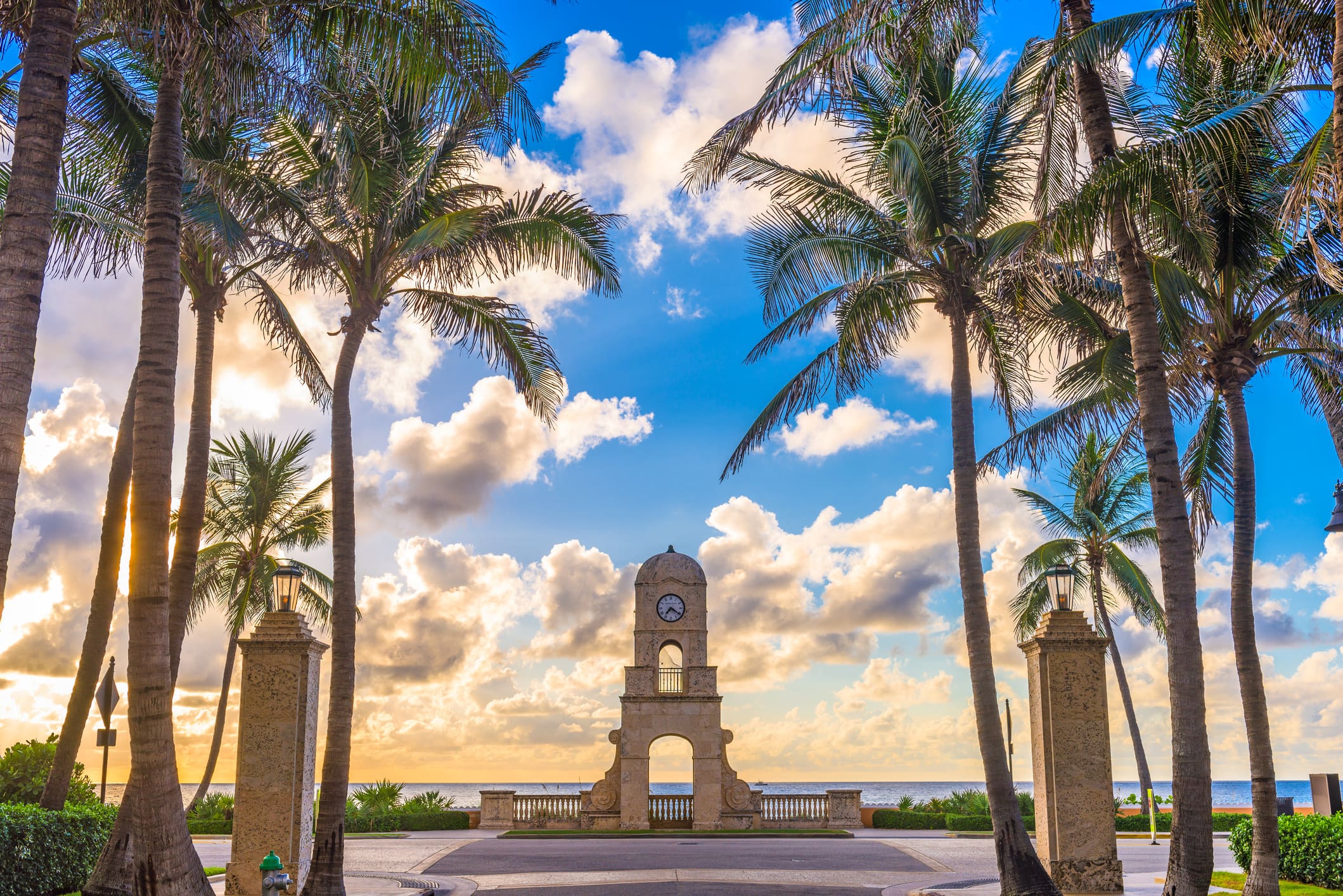 Palm trees framing seaside clock tower at sunset by 911 Property Services